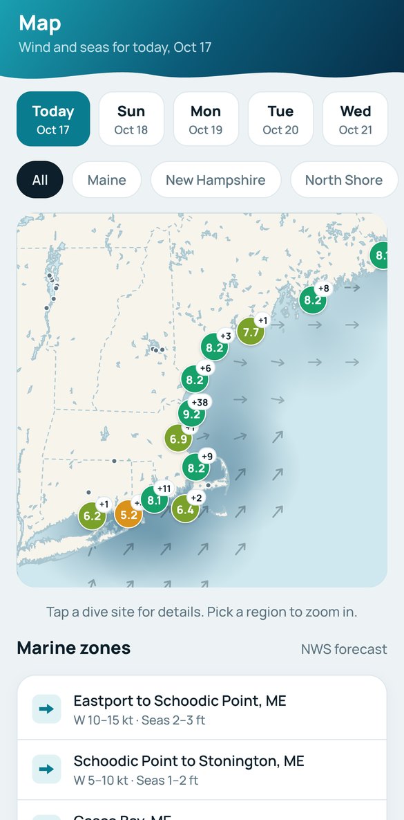 The NEDS map: dive sites with their scores and wind arrows over the water